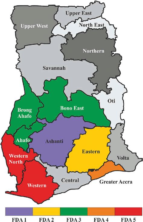 Administrative map of Ghana and its sixteen different regions. The ...