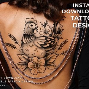 Tattoo Design Floral Rooster Chicken With Wheat Feminine,fineline Black ...