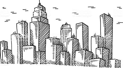 Hand-drawn vector drawing of a Big City Skyline. Black-and-White... | Skyline drawing, City ...