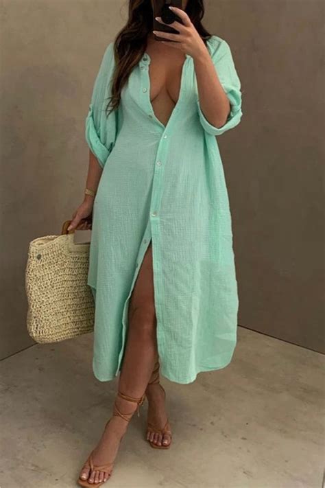 Xpluswear Plus Size Casual Mint Green Long Sleeves Button Front Midi Dress | Beach outfits women ...