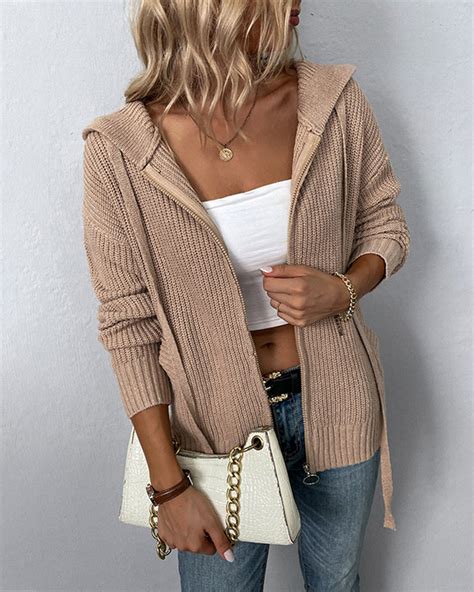 Long Sleeve Zipper Knitted Cardigan Hoodie Casual Short Sweater Outerw ...