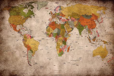 Photo Wallpaper – Retro World Map Used Look – Picture Decoration Atlas Globe Continents Earth ...