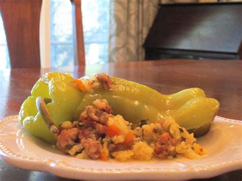 Cubanelle peppers stuffed with typical Italian ingredients like Italian sausage, Arborio rice ...