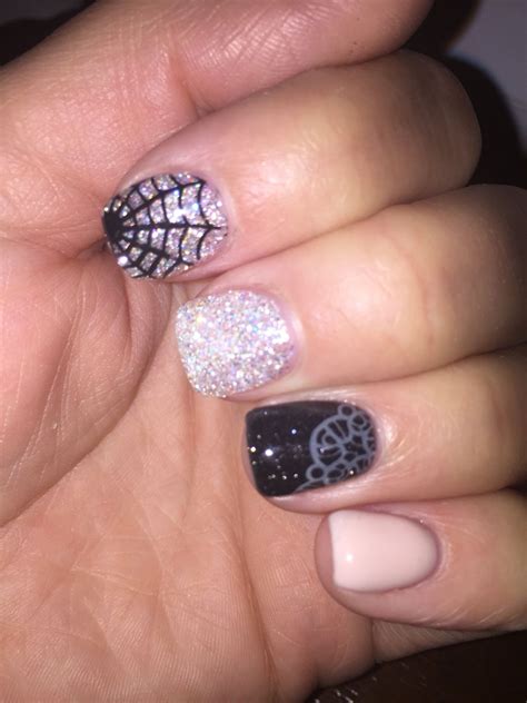 Halloween spider web lace tan black silver glitter gel polish nails | Glitter gel polish, Nails ...