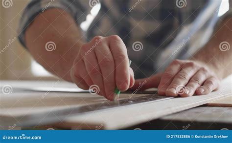 Carpenter Makes Pencil Markings on the Blank with the Help of a Ruler Stock Footage - Video of ...