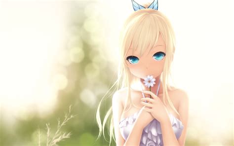 Wallpaper : blonde, flowers, long hair, anime girls, blue eyes, nature, looking at viewer ...