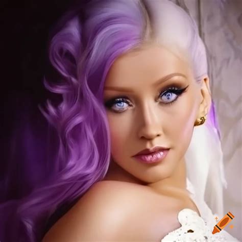 Christina aguilera with lilac hair highlights in an elegant white and golden palace room on Craiyon