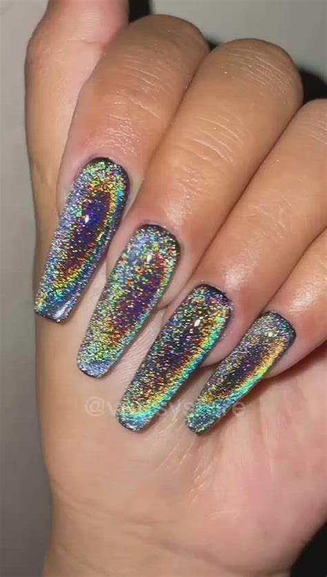 Rainbow cat eye gel polish | Holographic nails, Nail designs glitter ...