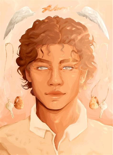 a painting of a man with curly hair and blue eyes, wearing a white shirt