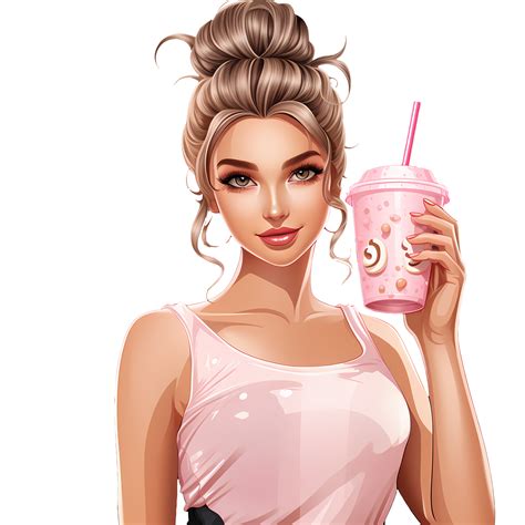 Cute Coffee Latte Pink Girl Clipart AI Generative 27237082 PNG