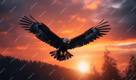 Premium AI Image | Bald Eagle Flying on Sunset Background Generative Ai