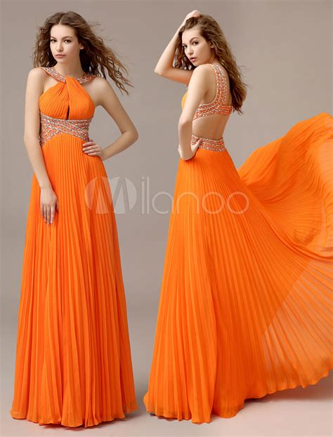 A linha laranja Chiffon drapeado vestido de baile com Halter sem mangas Gala Dresses, Party Wear ...
