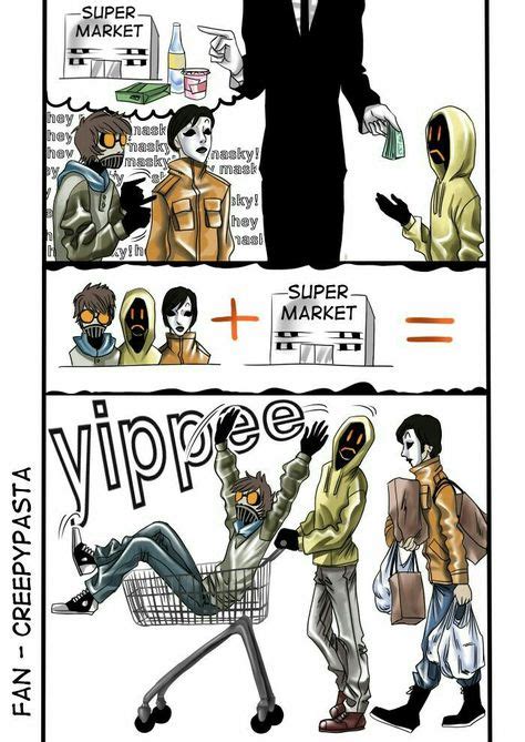 Slenderman, Ticci Toby, Masky, Hoodie, Proxy, text, comic, funny, supermarket, shopping cart ...