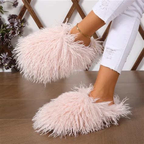 Winter Furry Shoes Women Fur Slippers Fluffy Faux Mongolian Fur Slides ...