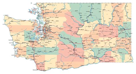 Large administrative map of Washington state with roads, highways and ...