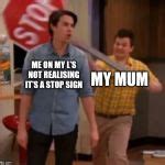 Gibby hitting Spencer with a stop sign Meme Generator - Imgflip