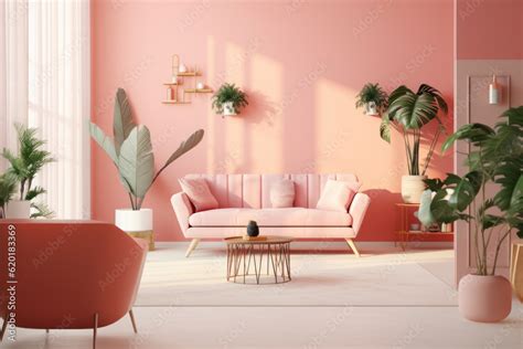 Pink salmon living room interior. Photorealistic illustration of ...