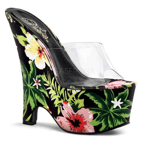 PLEASER BEAU-601FP Clear-Black Multi Floral Print Fabric Wedges Men High Heels, Platform High ...