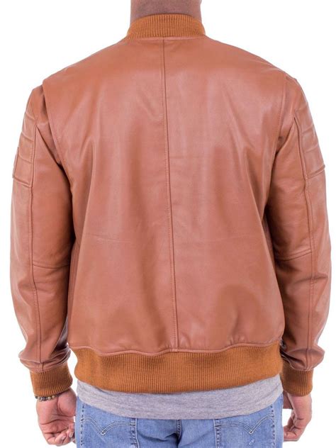 Men Camel Color Lambskin Leather Bomber Jacket