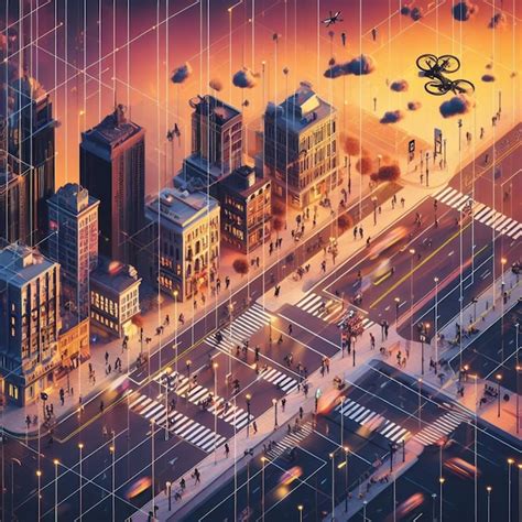 Premium AI Image | 15 minute city isometric map people transport security cameras drone and bot ...