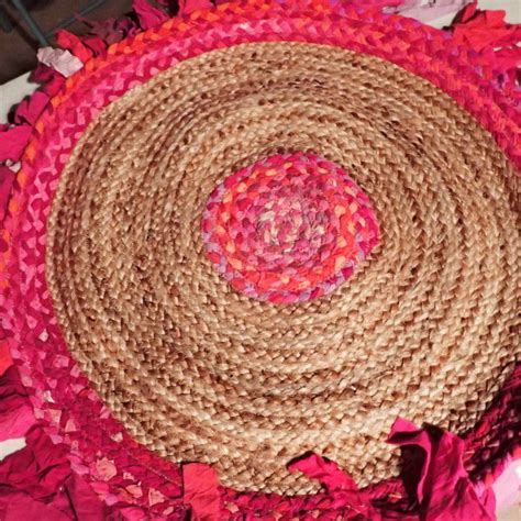 Jute Area Rug 3ft Round Multicolour Chindi Cotton Fringes rug #67 for ...