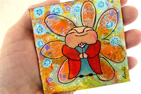 "Jizo Brings a Gift", 3" x 3" mini acrylic painting by Lindy Gaskill | Colorful art, Whimsical ...