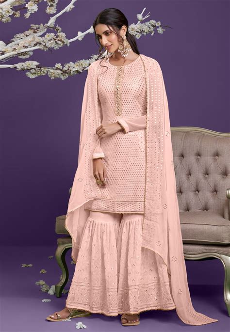 Georgette sharara suit in Peach colour 2035 | Sharara suit, Georgette fabric, Fashion