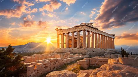 Premium AI Image | Stunning Parthenon at Sunset Majestic Columns Against a Golden Sky