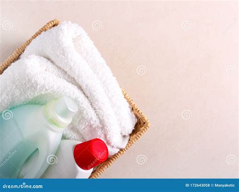 Towels and fabric softener stock photo. Image of overhead - 172643058