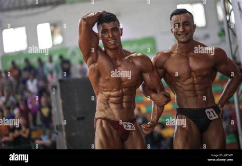 Gaza. 20th May, 2017. Palestinian men take part in a bodybuilding competition in Gaza City on ...