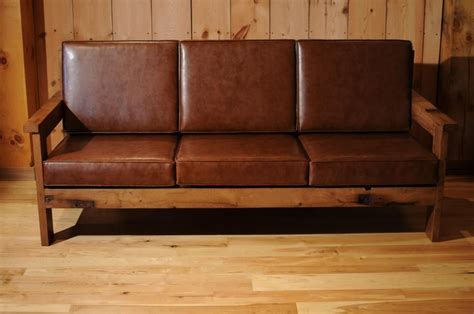 Reclaimed Wood Frame Couch with Leather Cushions | Wooden sofa, Wooden ...