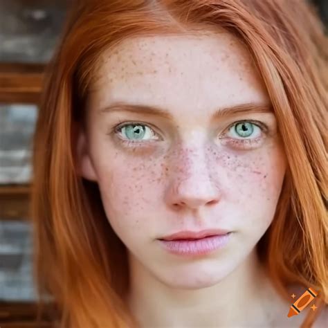 Woman with auburn hair and freckles near a cabin