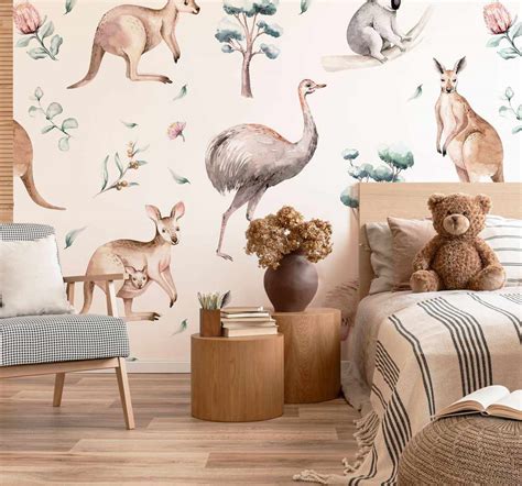 Australian Wildlife Peel & Stick-on Removable Fabric Wallpaper – Olive ...