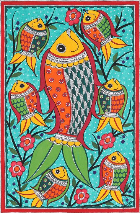 Madhubani Style Fish Painting - Fish Family | NOVICA