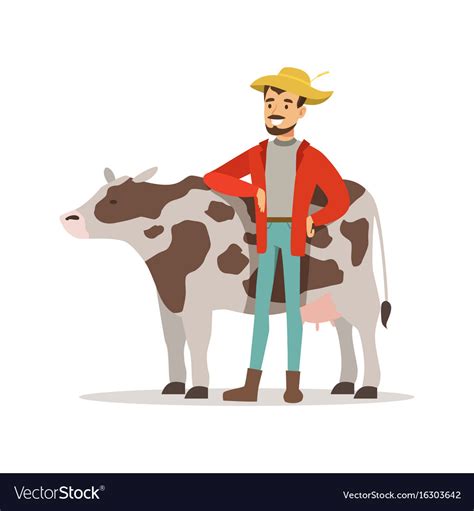 Farmer man caring for his cow farming and Vector Image