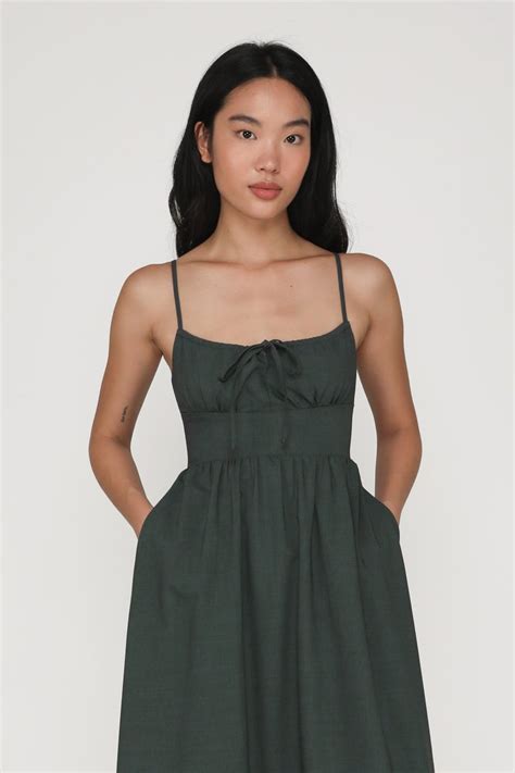 Adeline Ruched Front Drawstring Maxi Dress (Slate Green) | The Tinsel Rack