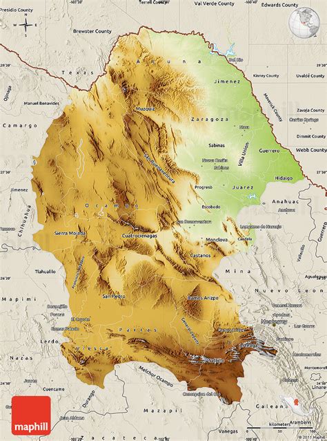 Physical Map of Coahuila, shaded relief outside