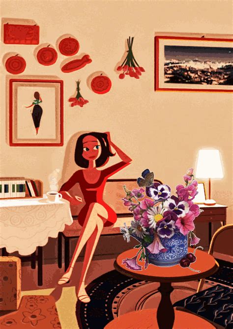 a woman in a red dress sitting at a table with flowers and pictures on the wall