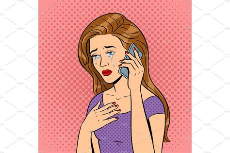 Crying girl with phone pop art vector | Vector Graphics ~ Creative Market