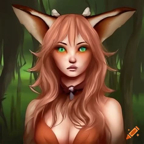 Friendly anime-style female fox-human hybrid in a fairytale forest on Craiyon