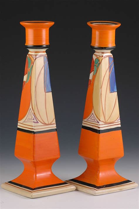 Clarice Cliff Pair of Candlesticks - Orange Melon Pattern - Fantasque marked - 1930 - 305mm high ...