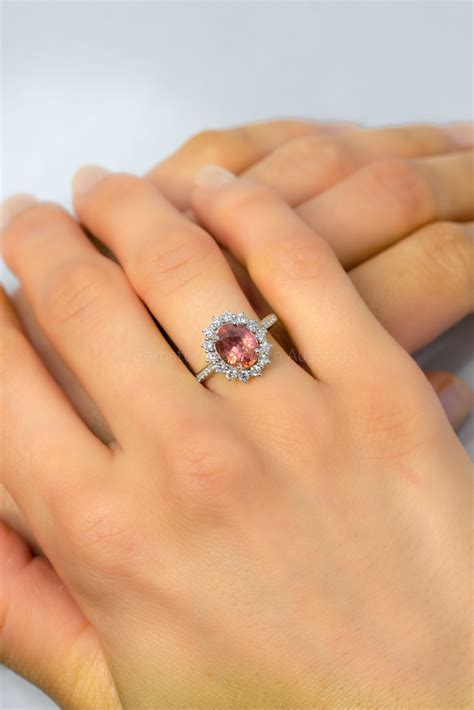 Natural Padparadscha Sapphire Ring With Diamond Halo 18ct White Gold