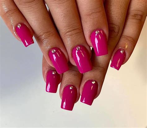 Fuchsia pink nails with rhinestones | Rhinestone nails, Pink nails, Nails