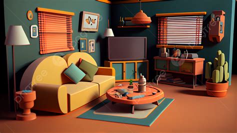 Living Room Furniture 3d Cartoon Background, Living Room, 3d, Sofa Background Image And ...