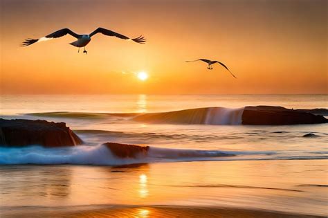 Premium Photo | Birds flying over the ocean at sunset