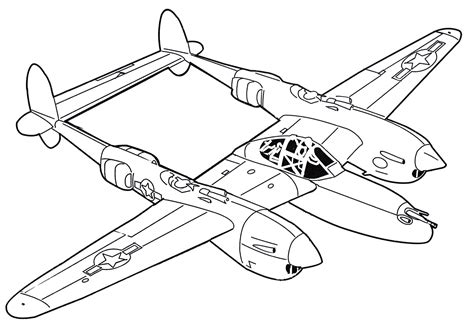 Раскраска Lockheed P-38 Lightning - распечатать бесплатно