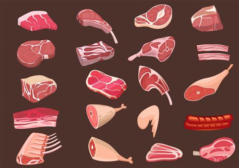 Meat and meat products color set simple design on brown background ...