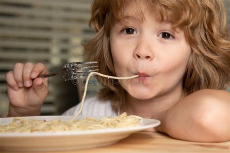 Kids Eating Pasta, Spaghetti, Close Up Cute Funny Child. Stock Image ...