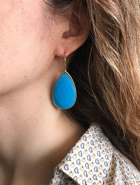 Large Turquoise Teardrop Long Drop Earring- Pear Shape Blue Turquoise Dangle Earring- Blue ...