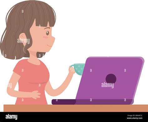 stay at home, young women working with laptop and coffee cup vector illustration Stock Vector ...